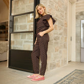 9 to 9 Jumpsuit, Black/Brown Polka Dot