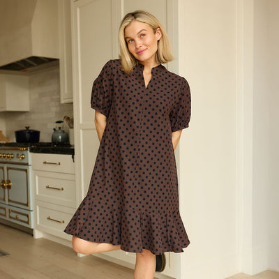 Clara Dress, Black/Brown Polka Dot