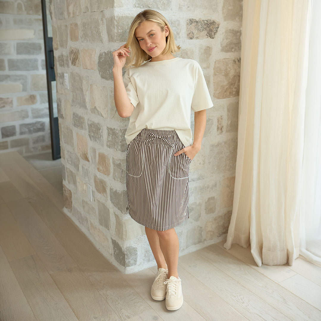 The Away Skirt, Cream Cocoa Stripe - Albion Fit