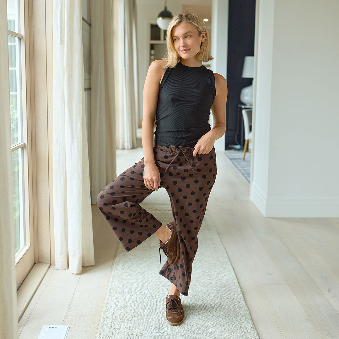 fig Ｌondon DECO woolmood apron pants Audrey Mid Rise Wide Leg Pants, Black Cocoa Dot - Albion Fit