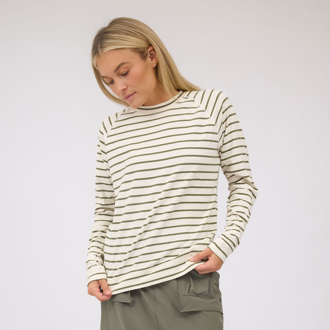 Riley Long Sleeve Stripe Tee, Ivory/Olive - Albion Fit