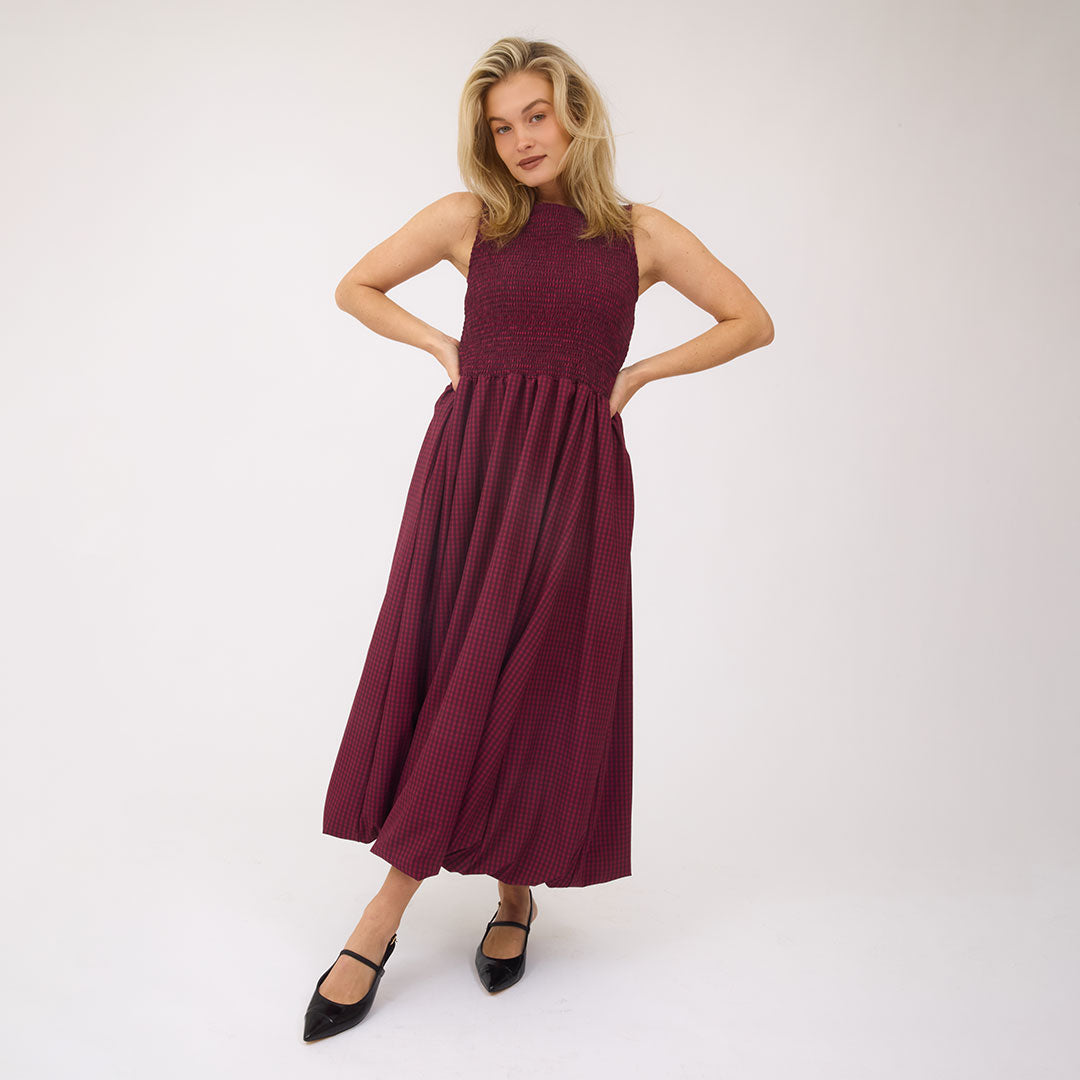 Women's Vienna Bubble Dress in Burgundy Gingham size XXL | Nylon/Spandex