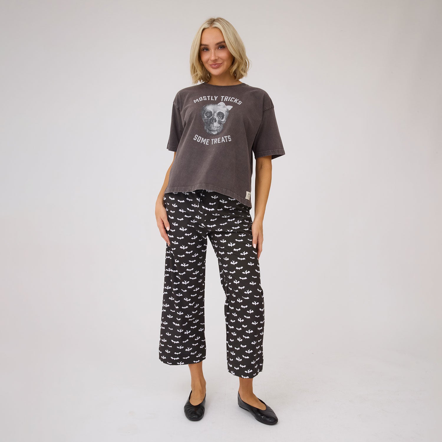 Spooky Audrey Mid Rise Wide Leg Pants, Bats - Albion Fit
