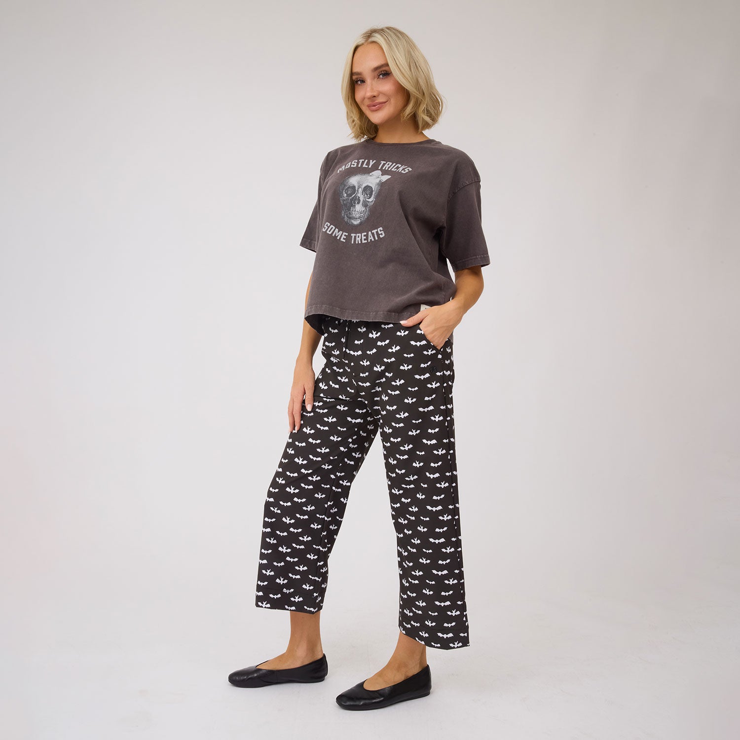 Spooky Audrey Mid Rise Wide Leg Pants, Bats - Albion Fit