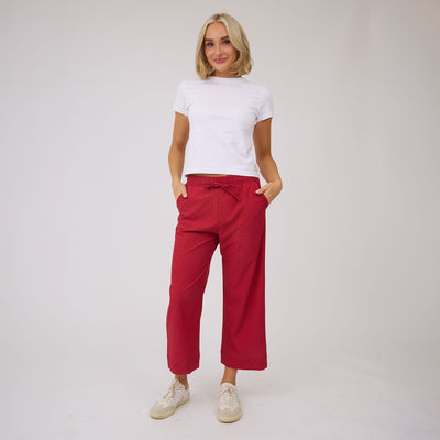 Audrey Mid Rise Wide Leg Pants, Red Polka Dot