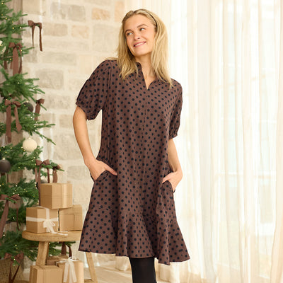 Clara Dress, Black/Brown Polka Dot