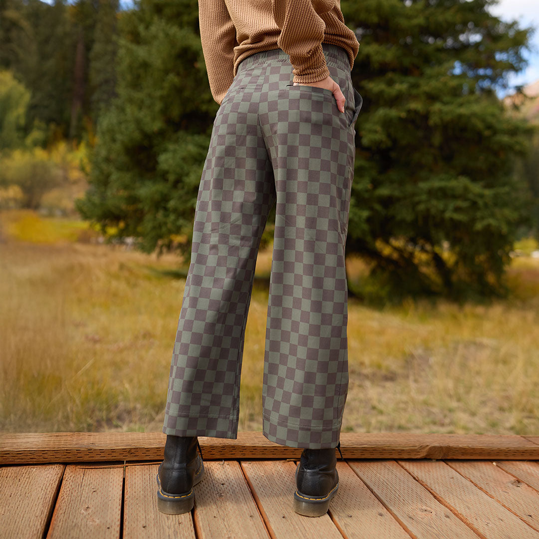 Audrey Wide Leg Pants, Olive Check - Albion Fit