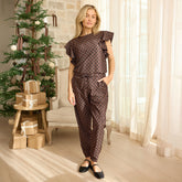 9 to 9 Jumpsuit, Black/Brown Polka Dot