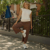 Audrey Mid Rise Wide Leg Pants, Brown/Cream Windowpane