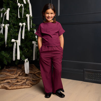 Mini Slip On Trouser, Burgundy Gingham