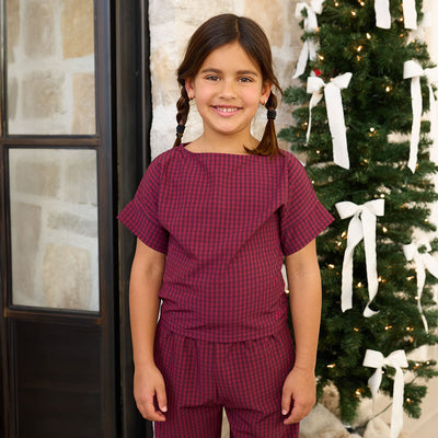 Mini Boss Tee, Burgundy Gingham
