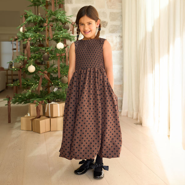 Mini Vienna Bubble Dress in Black/Brown Polka Dot size 6-7