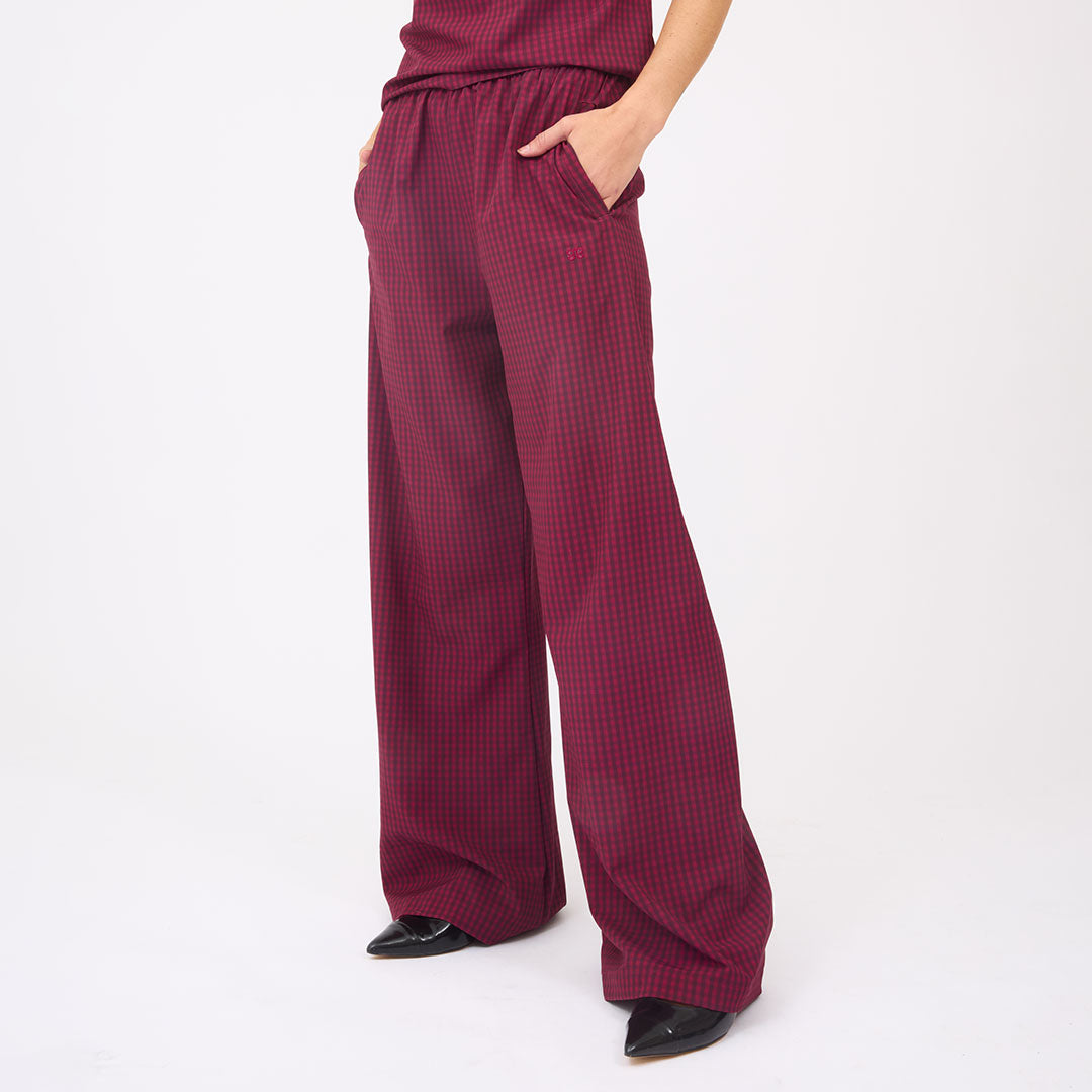 Slip On Trouser, Burgundy Gingham