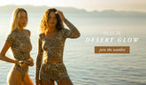 Two women in patterned swimsuits standing by a body of water with text "desert glow 3.21.26 join the waitlist"