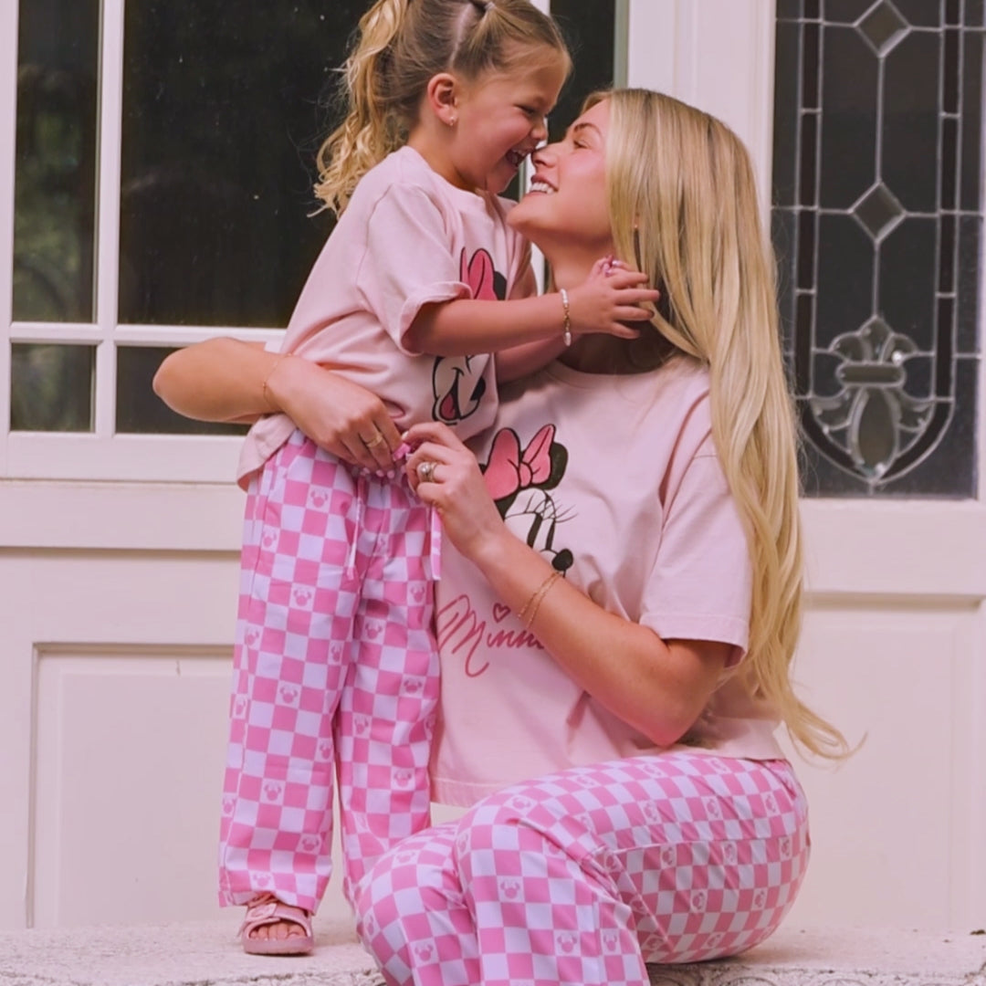 Mini Disney Audrey Wide Leg Pants, Pink Check
