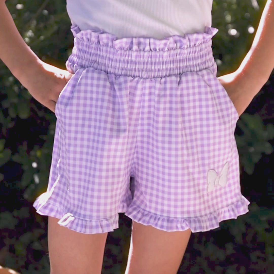 Mini Disney Bow Lake Shorts, Purple Gingham