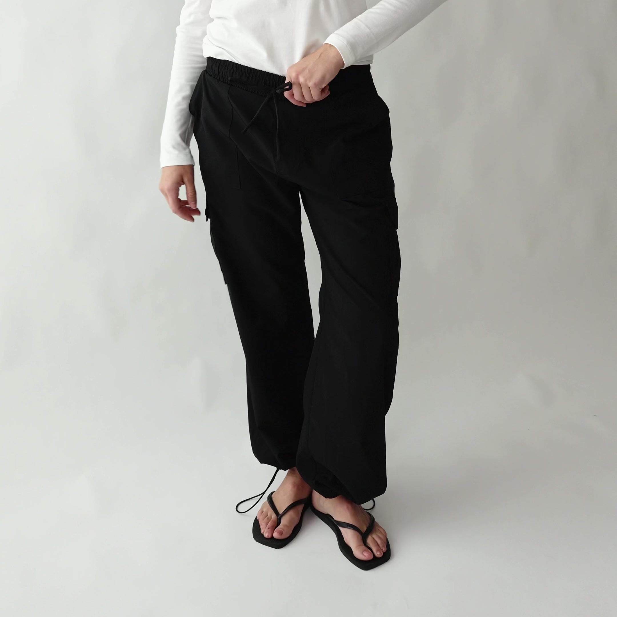 Drawcord Cargo Pants, Black