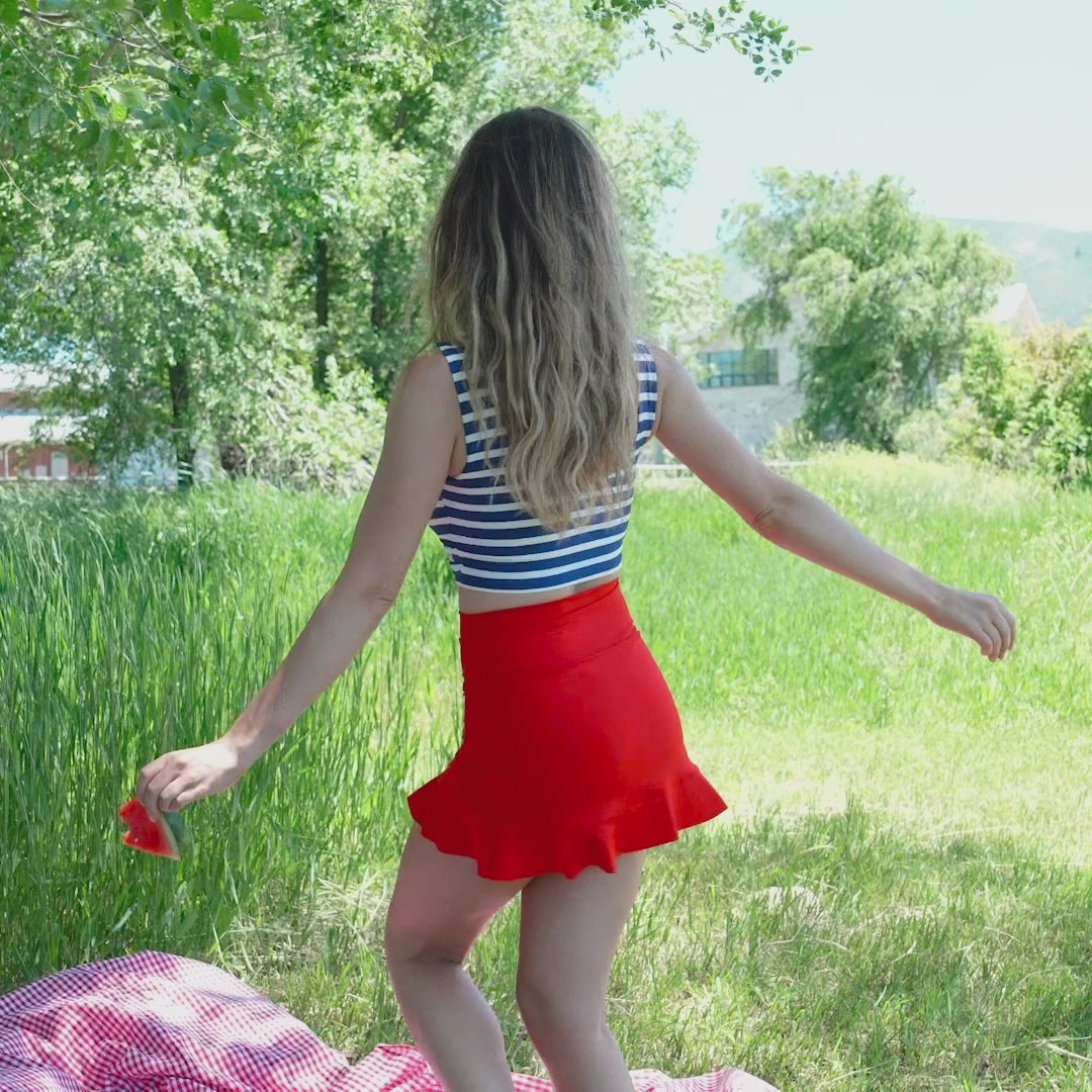 Red High-Waisted Swim Skirt