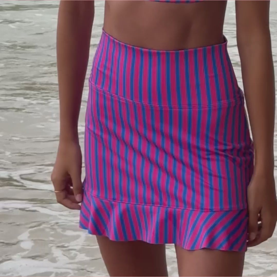 Berry Stripe High-Waisted Swim Skirt