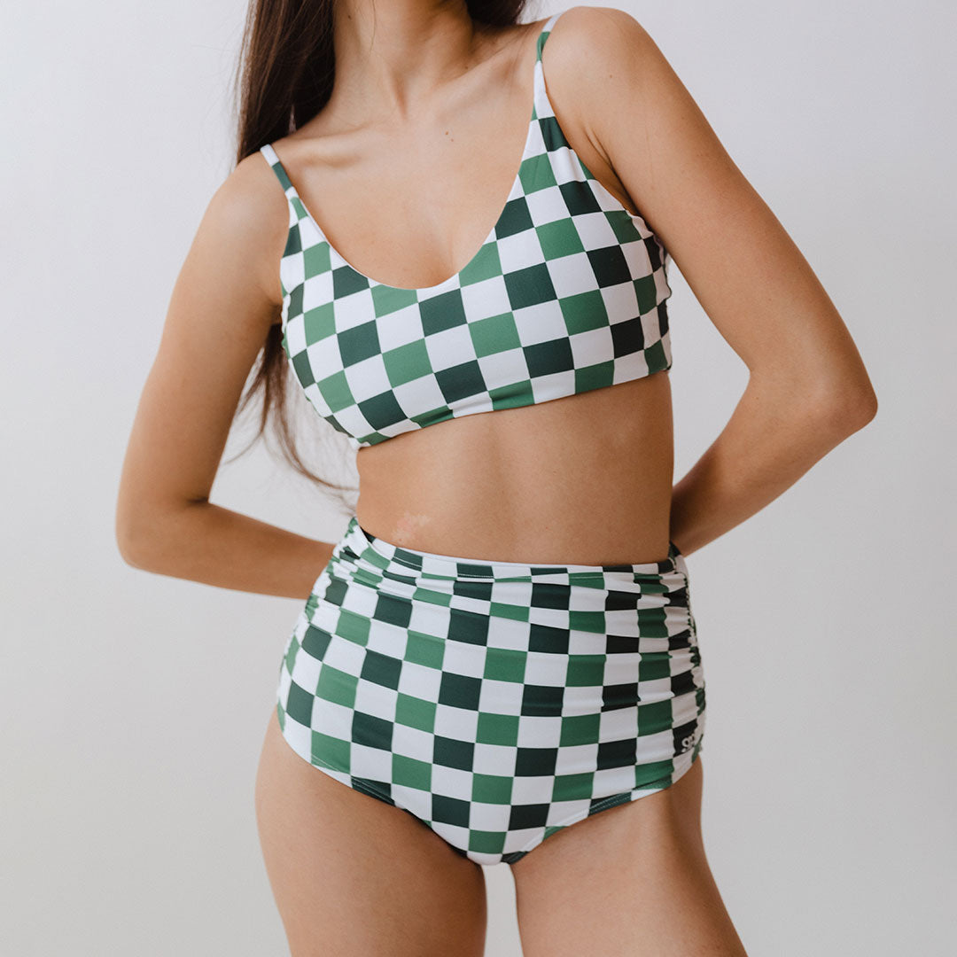 Albion Check Mate Ruched High-Waisted Women's Swim Bottoms NEW