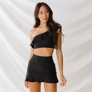 Model wearing black high-waisted two-piece swimsuit