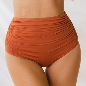 Rust color Ruched High-Waisted Bottoms close up