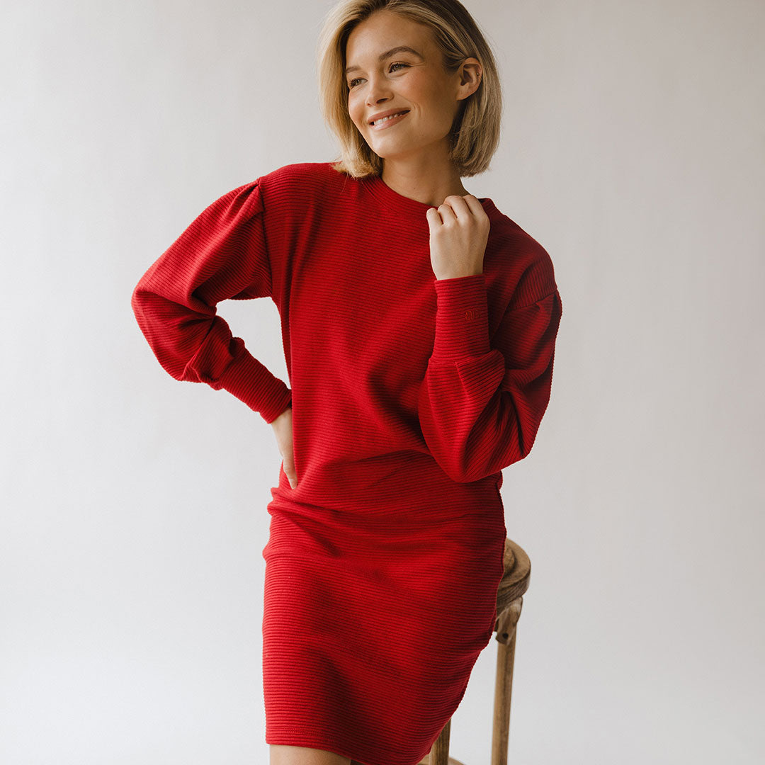 Atlas Ribbed Sweater Dress, Crimson