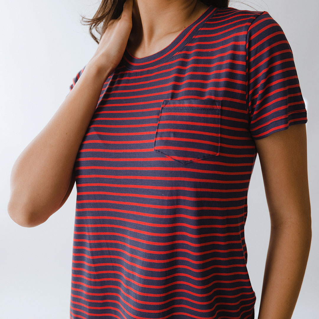 Basic Tee, Navy and Red Stripe