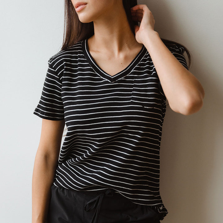 Basic V Neck Tee, Chunky Black and White Stripe - Albion Fit