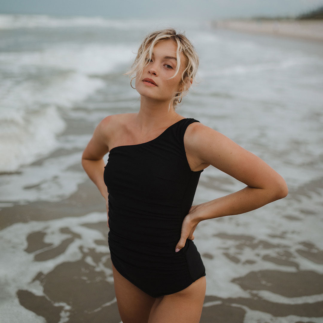 Model in Icon Ruched One-Piece by Albion Fit