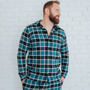 Men's Blue Plaid Pajama Button Down Top