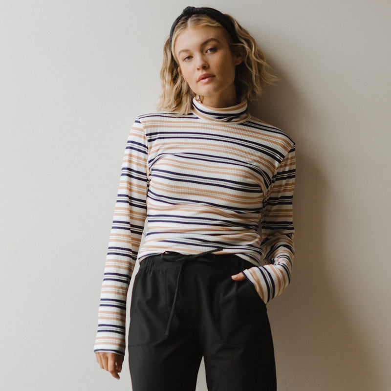 Long Sleeve Turtleneck, Navy and Tan Stripe - Albion